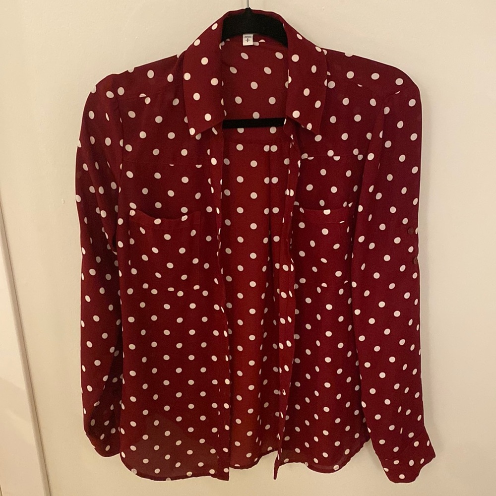 Red Polka Dot Long Sleeve Blouse - Express - Size S